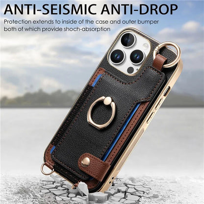 For iPhone 16 Pro Max Case Leather+TPU Phone Cover with Card Slots Kickstand and Lanyard