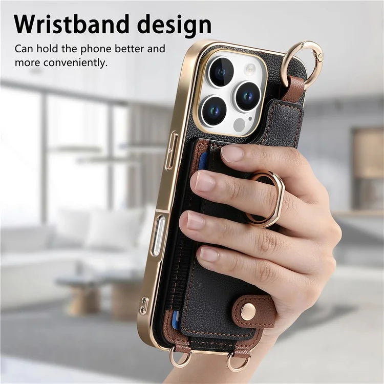 For iPhone 16 Pro Max Case Leather+TPU Phone Cover with Card Slots Kickstand and Lanyard