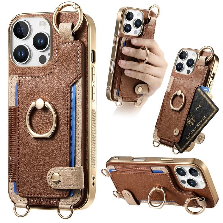 For iPhone 16 Pro Max Case Leather+TPU Phone Cover with Card Slots Kickstand and Lanyard