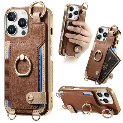 For iPhone 16 Pro Max Case Leather+TPU Phone Cover with Card Slots Kickstand and Lanyard