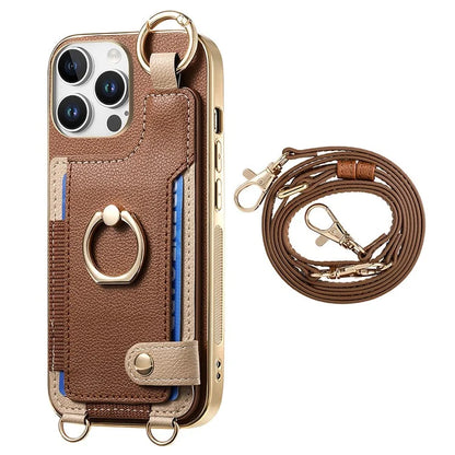 For iPhone 16 Pro Max Case Leather+TPU Phone Cover with Card Slots Kickstand and Lanyard