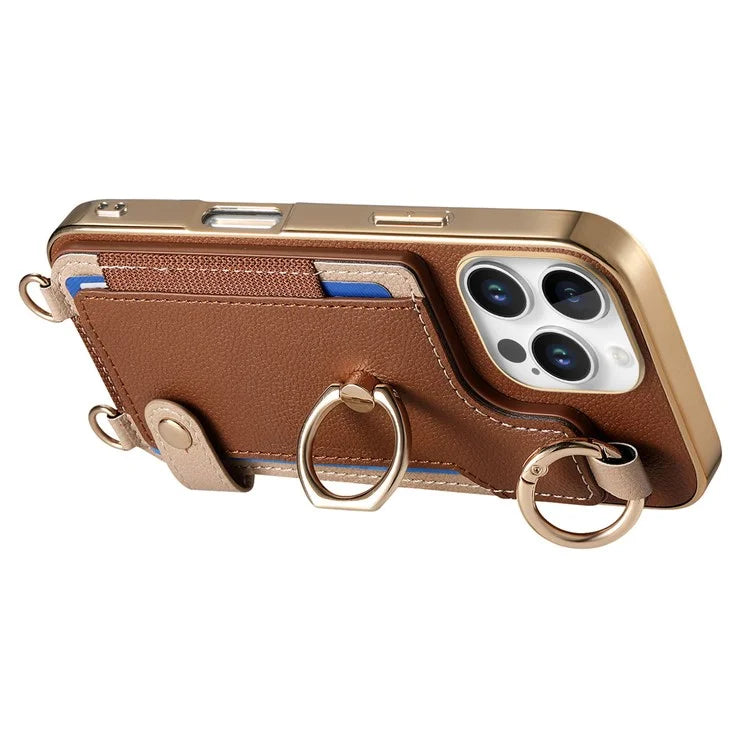 For iPhone 16 Pro Max Case Leather+TPU Phone Cover with Card Slots Kickstand and Lanyard