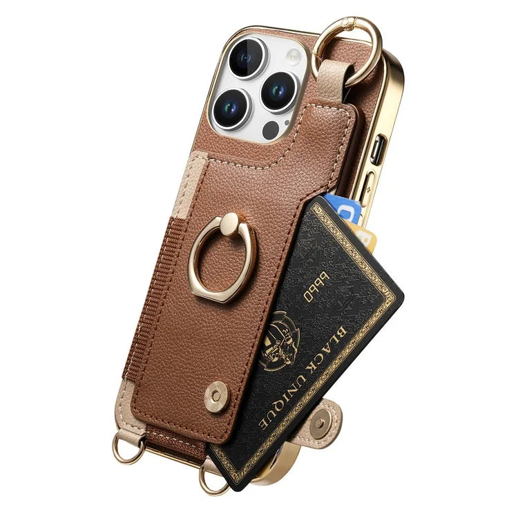 For iPhone 16 Pro Max Case Leather+TPU Phone Cover with Card Slots Kickstand and Lanyard
