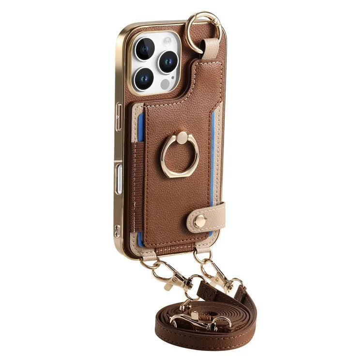 For iPhone 16 Pro Max Case Leather+TPU Phone Cover with Card Slots Kickstand and Lanyard