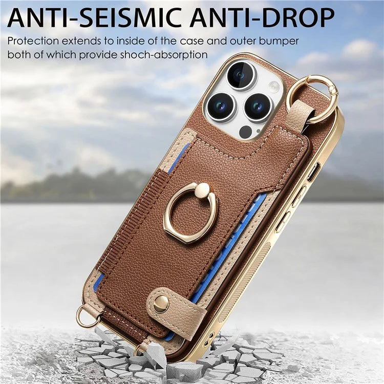 For iPhone 16 Pro Max Case Leather+TPU Phone Cover with Card Slots Kickstand and Lanyard