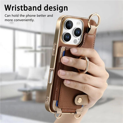 For iPhone 16 Pro Max Case Leather+TPU Phone Cover with Card Slots Kickstand and Lanyard