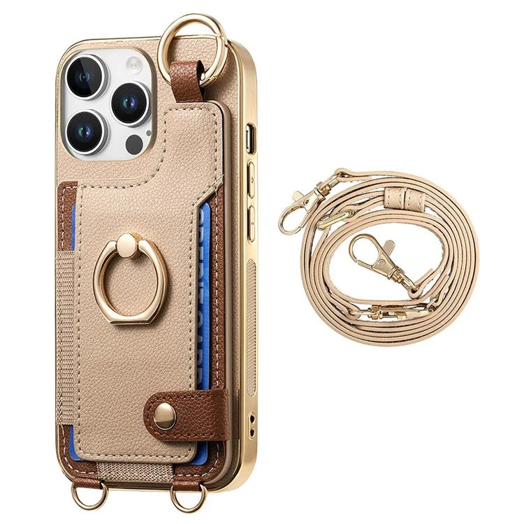 For iPhone 16 Pro Max Case Leather+TPU Phone Cover with Card Slots Kickstand and Lanyard