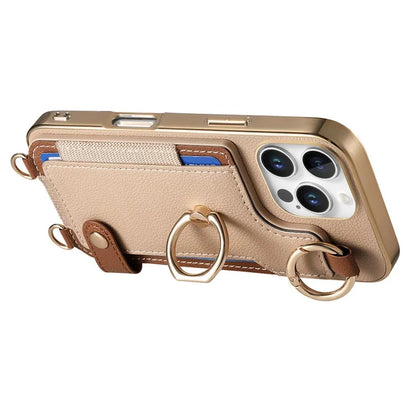 For iPhone 16 Pro Max Case Leather+TPU Phone Cover with Card Slots Kickstand and Lanyard