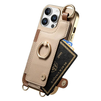 For iPhone 16 Pro Max Case Leather+TPU Phone Cover with Card Slots Kickstand and Lanyard
