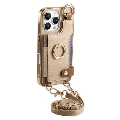 For iPhone 16 Pro Max Case Leather+TPU Phone Cover with Card Slots Kickstand and Lanyard