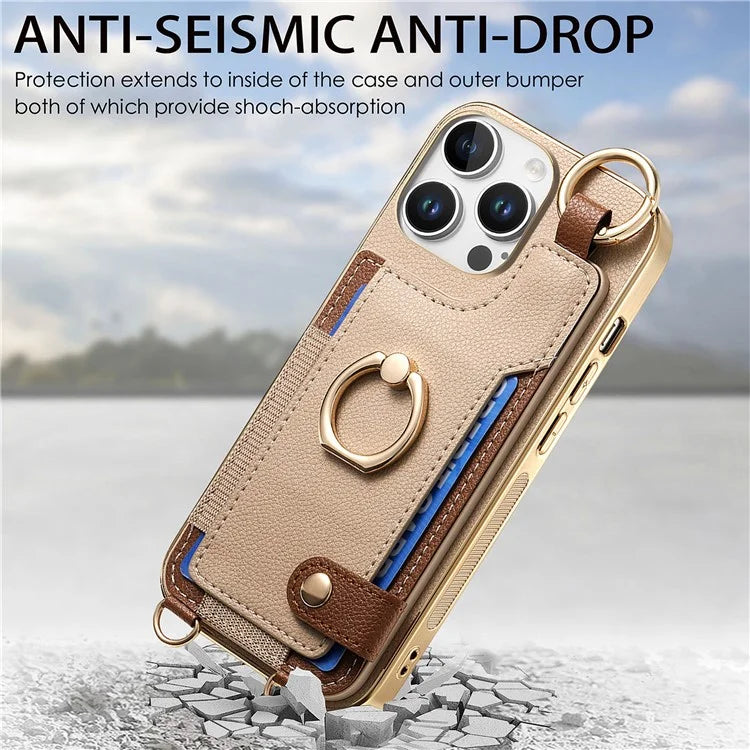 For iPhone 16 Pro Max Case Leather+TPU Phone Cover with Card Slots Kickstand and Lanyard
