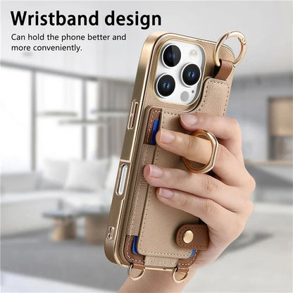 For iPhone 16 Pro Max Case Leather+TPU Phone Cover with Card Slots Kickstand and Lanyard