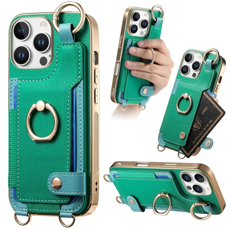 For iPhone 16 Pro Max Case Leather+TPU Phone Cover with Card Slots Kickstand and Lanyard