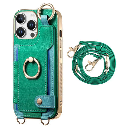 For iPhone 16 Pro Max Case Leather+TPU Phone Cover with Card Slots Kickstand and Lanyard