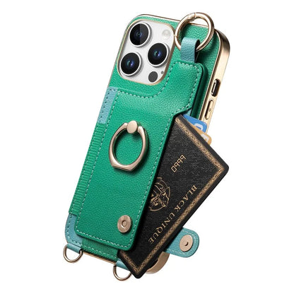For iPhone 16 Pro Max Case Leather+TPU Phone Cover with Card Slots Kickstand and Lanyard