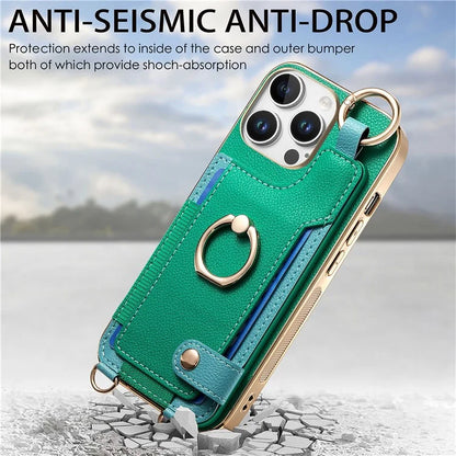 For iPhone 16 Pro Max Case Leather+TPU Phone Cover with Card Slots Kickstand and Lanyard