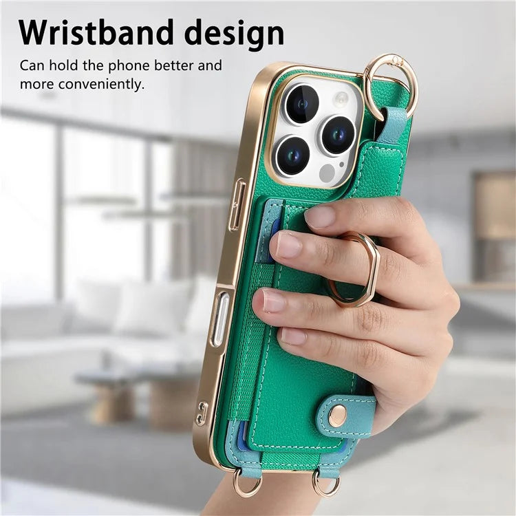 For iPhone 16 Pro Max Case Leather+TPU Phone Cover with Card Slots Kickstand and Lanyard