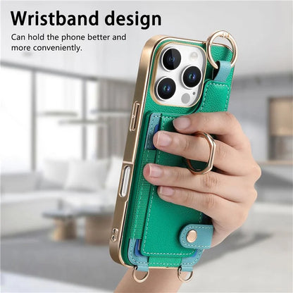For iPhone 16 Pro Max Case Leather+TPU Phone Cover with Card Slots Kickstand and Lanyard