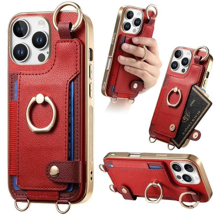 For iPhone 16 Pro Max Case Leather+TPU Phone Cover with Card Slots Kickstand and Lanyard