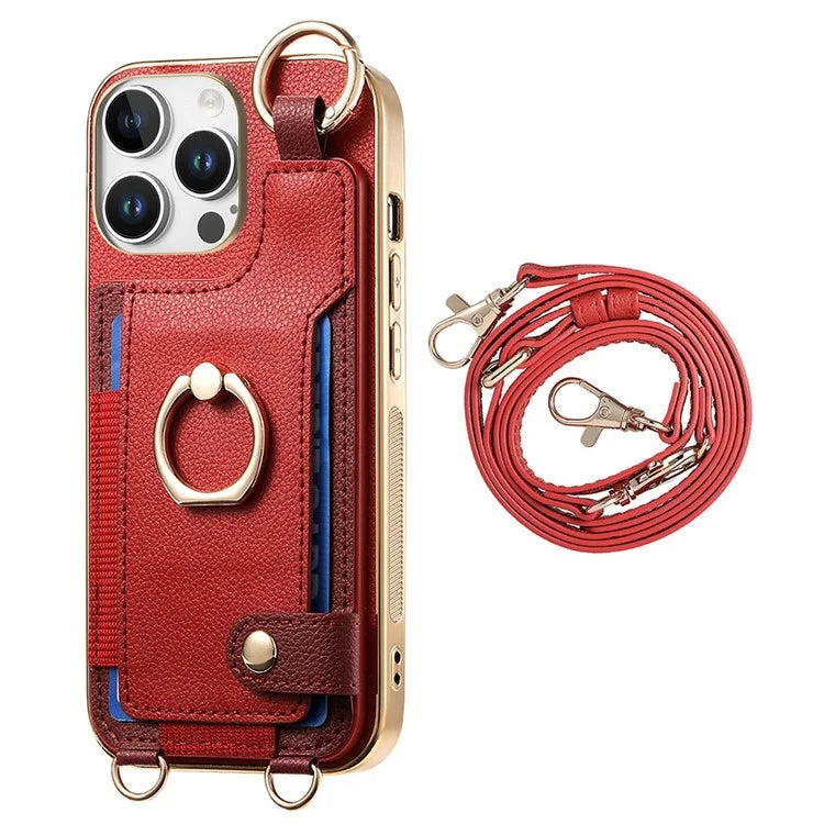 For iPhone 16 Pro Max Case Leather+TPU Phone Cover with Card Slots Kickstand and Lanyard