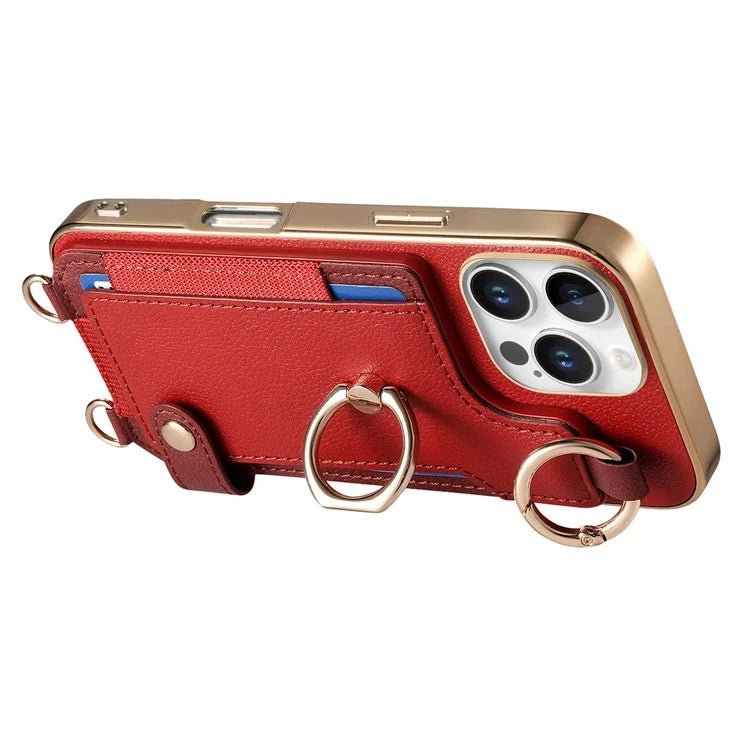 For iPhone 16 Pro Max Case Leather+TPU Phone Cover with Card Slots Kickstand and Lanyard