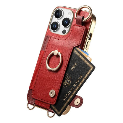 For iPhone 16 Pro Max Case Leather+TPU Phone Cover with Card Slots Kickstand and Lanyard