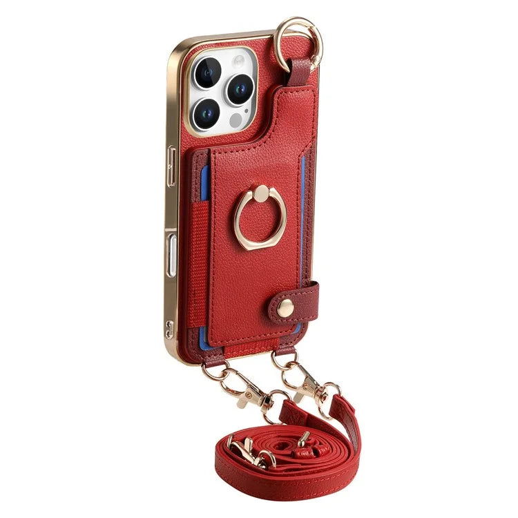 For iPhone 16 Pro Max Case Leather+TPU Phone Cover with Card Slots Kickstand and Lanyard