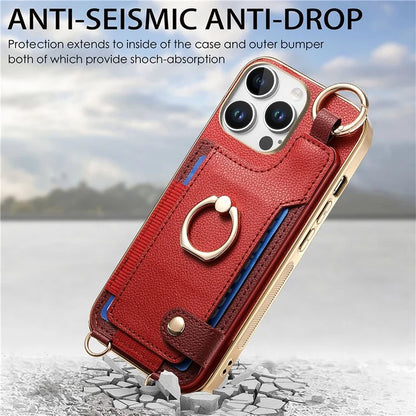 For iPhone 16 Pro Max Case Leather+TPU Phone Cover with Card Slots Kickstand and Lanyard
