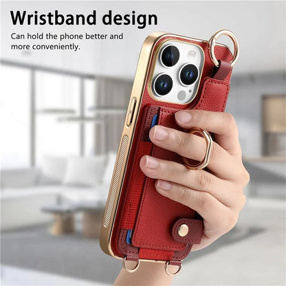 For iPhone 16 Pro Max Case Leather+TPU Phone Cover with Card Slots Kickstand and Lanyard