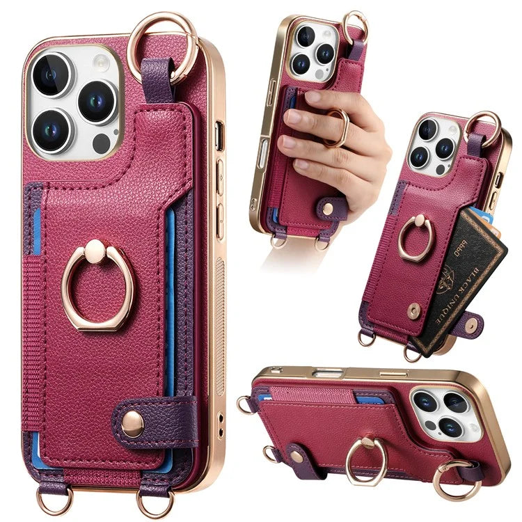 For iPhone 16 Pro Max Case Leather+TPU Phone Cover with Card Slots Kickstand and Lanyard