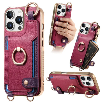 For iPhone 16 Pro Max Case Leather+TPU Phone Cover with Card Slots Kickstand and Lanyard