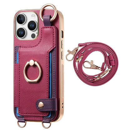 For iPhone 16 Pro Max Case Leather+TPU Phone Cover with Card Slots Kickstand and Lanyard