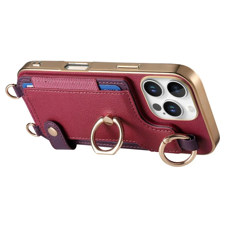 For iPhone 16 Pro Max Case Leather+TPU Phone Cover with Card Slots Kickstand and Lanyard