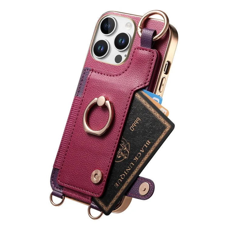For iPhone 16 Pro Max Case Leather+TPU Phone Cover with Card Slots Kickstand and Lanyard