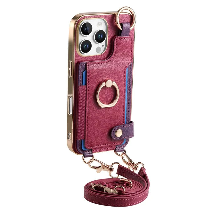 For iPhone 16 Pro Max Case Leather+TPU Phone Cover with Card Slots Kickstand and Lanyard