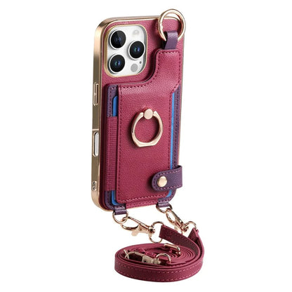 For iPhone 16 Pro Max Case Leather+TPU Phone Cover with Card Slots Kickstand and Lanyard
