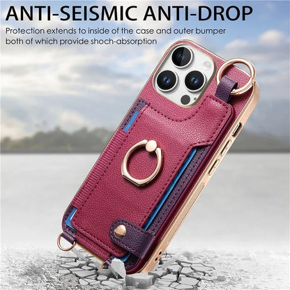 For iPhone 16 Pro Max Case Leather+TPU Phone Cover with Card Slots Kickstand and Lanyard