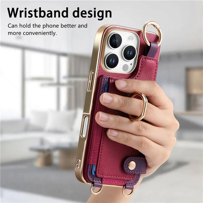 For iPhone 16 Pro Max Case Leather+TPU Phone Cover with Card Slots Kickstand and Lanyard