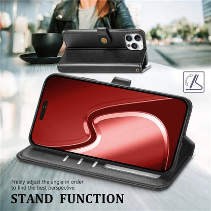For iPhone 16 Pro Case Leather Phone Case Wallet Stand Cover with Wrist Strap
