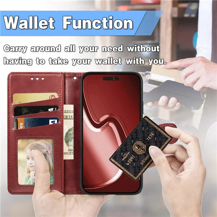 For iPhone 16 Pro Case Leather Phone Case Wallet Stand Cover with Wrist Strap