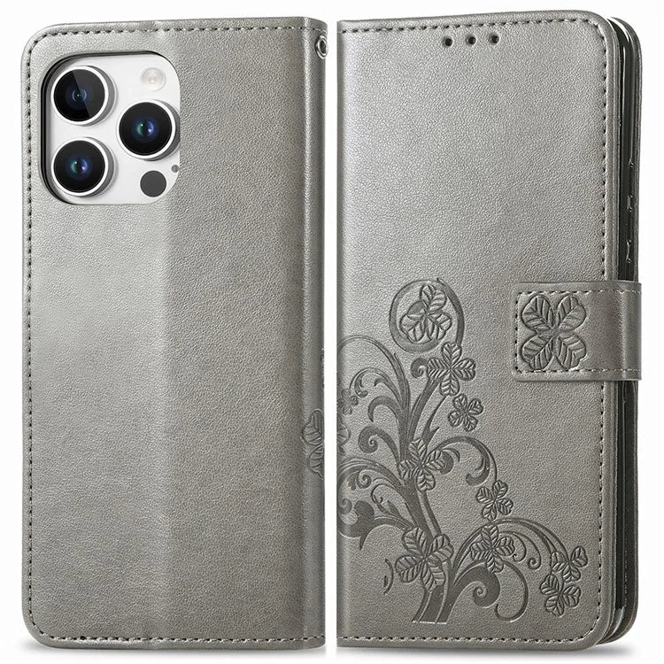 For iPhone 16 Pro Leather Case Four-Leaf Clover Phone Wallet Cover