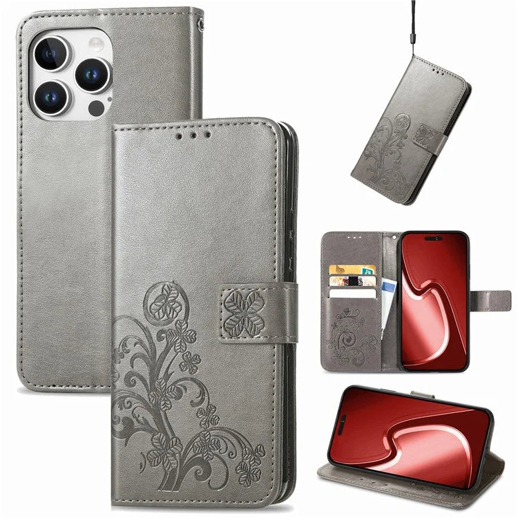 For iPhone 16 Pro Leather Case Four-Leaf Clover Phone Wallet Cover