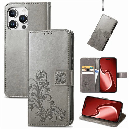For iPhone 16 Pro Leather Case Four-Leaf Clover Phone Wallet Cover