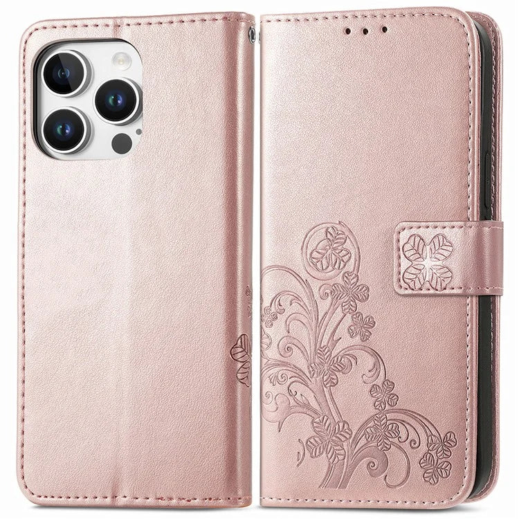 For iPhone 16 Pro Leather Case Four-Leaf Clover Phone Wallet Cover