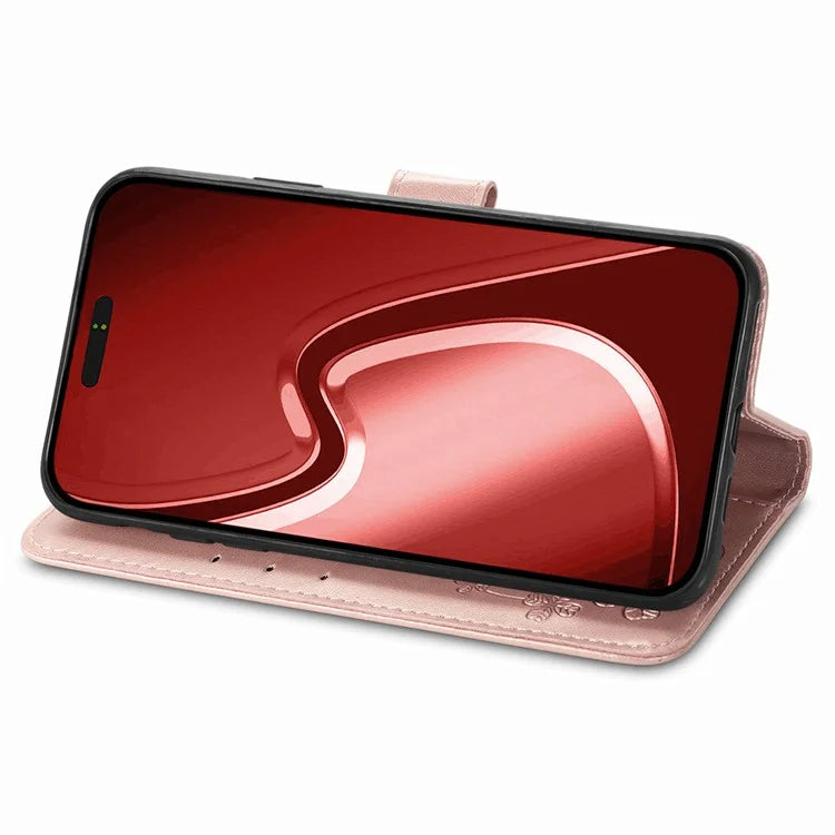 For iPhone 16 Pro Leather Case Four-Leaf Clover Phone Wallet Cover