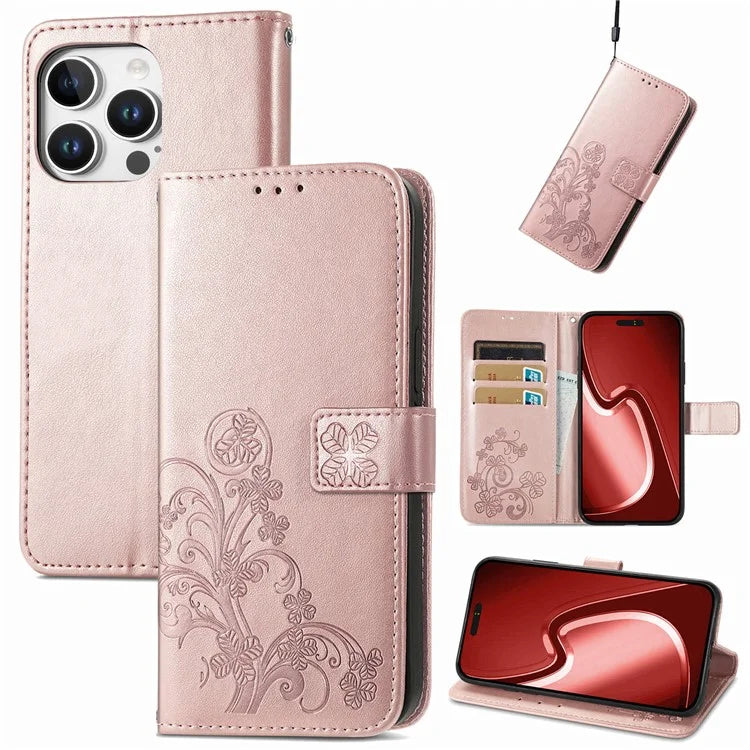 For iPhone 16 Pro Leather Case Four-Leaf Clover Phone Wallet Cover