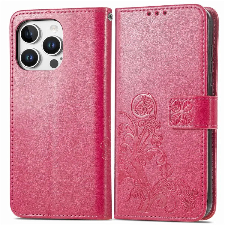 For iPhone 16 Pro Leather Case Four-Leaf Clover Phone Wallet Cover