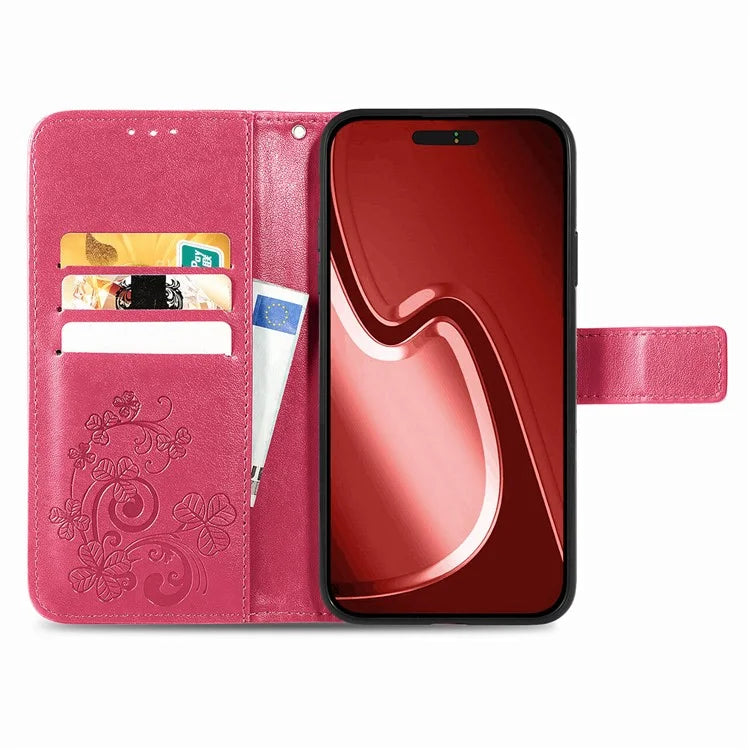 For iPhone 16 Pro Leather Case Four-Leaf Clover Phone Wallet Cover