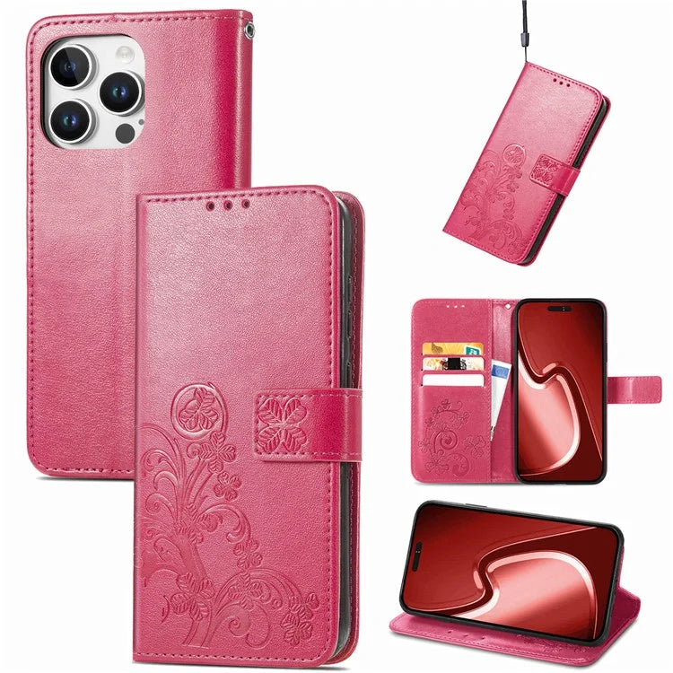 For iPhone 16 Pro Leather Case Four-Leaf Clover Phone Wallet Cover