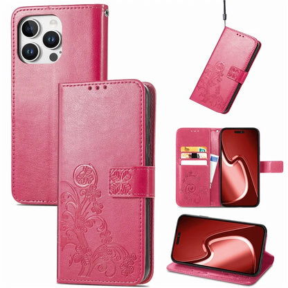 For iPhone 16 Pro Leather Case Four-Leaf Clover Phone Wallet Cover